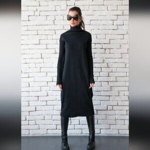 Lands End Black Jersey Knit Long Sleeve Turtle Neck Maxi Dress